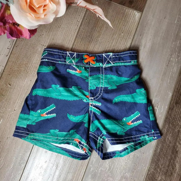 child of mine by carter's size 6-9m baby boy swim trunks blue green crocodile - Picture 1 of 10